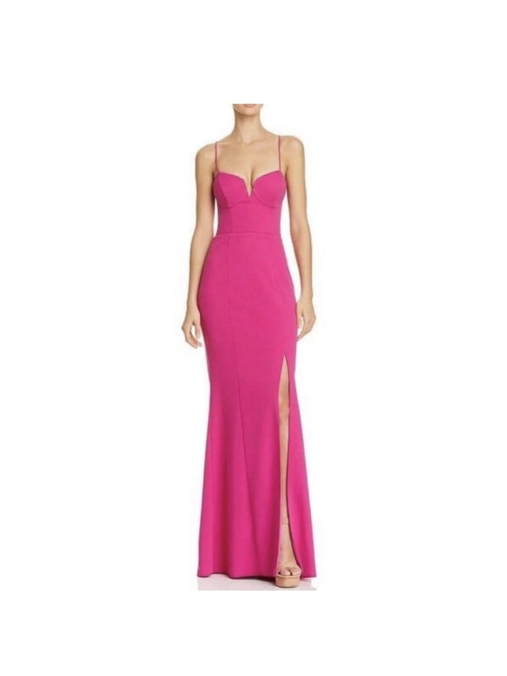 Fuchsia Spaghetti-Strap Maxi Dress with High Side Slits.